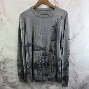 Shein Sweater Mens Large Gray Blue Crew Asian Architecture Scene Japan China